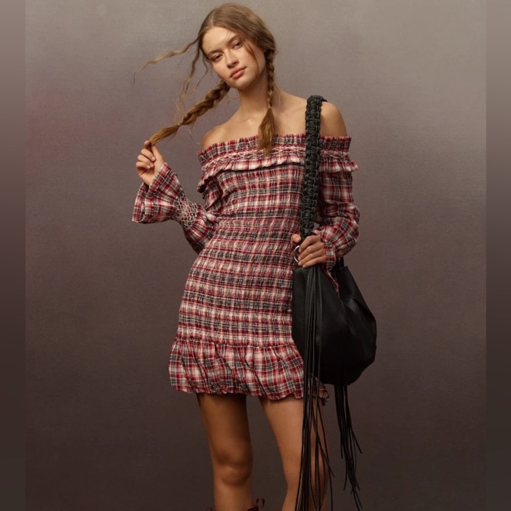NWT Pilcro and the Letterpress Anthropologie Red Smocked Plaid Mini Dress XL